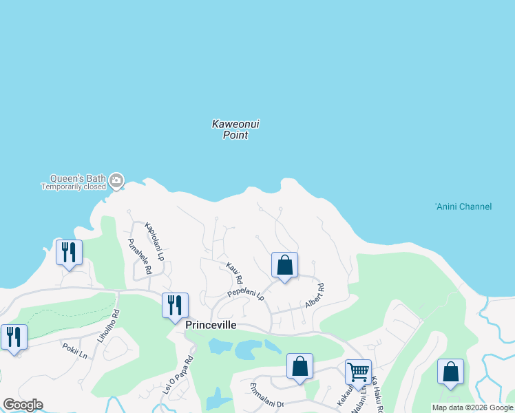 map of restaurants, bars, coffee shops, grocery stores, and more near 3558 Kaweonui Road in Princeville