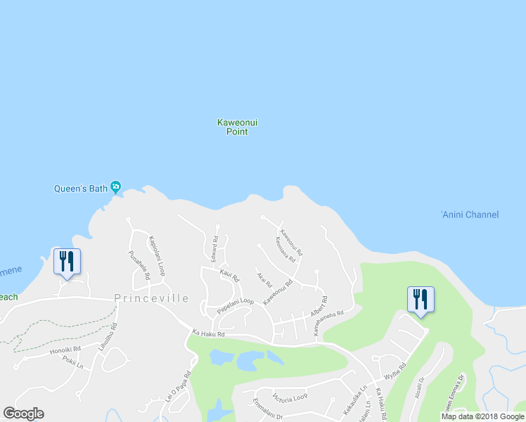 map of restaurants, bars, coffee shops, grocery stores, and more near 3559 Kaweonui Road in Princeville