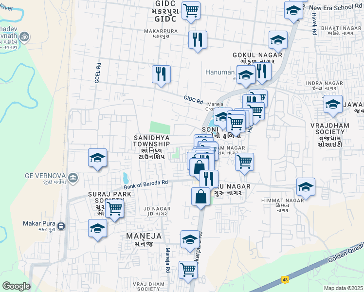 map of restaurants, bars, coffee shops, grocery stores, and more near National Highway 8 in Vadodara