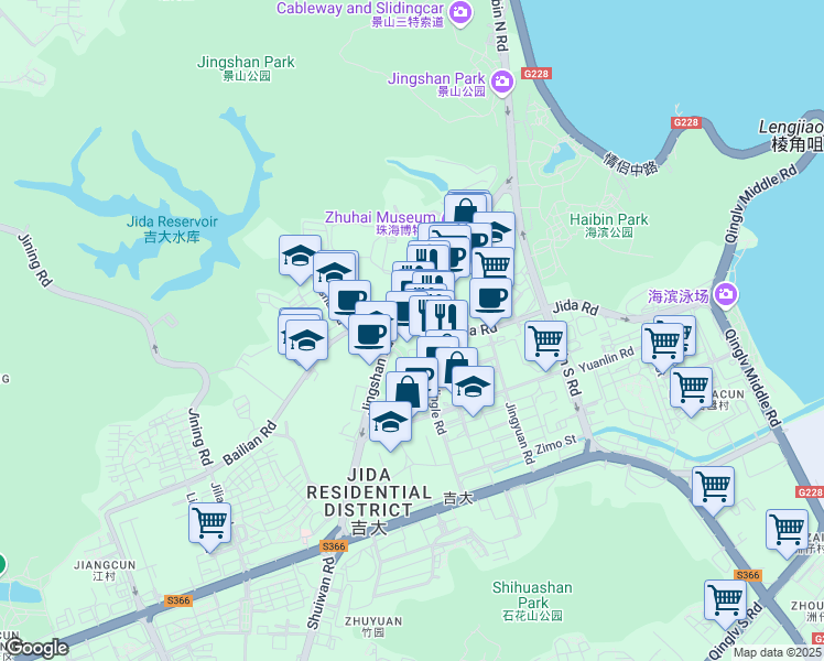 map of restaurants, bars, coffee shops, grocery stores, and more near Jing Shan Lu in Zhu Hai Shi