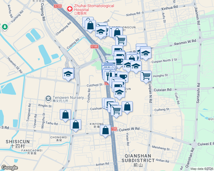map of restaurants, bars, coffee shops, grocery stores, and more near 3045 Ming Zhu Nan Lu in Zhu Hai Shi