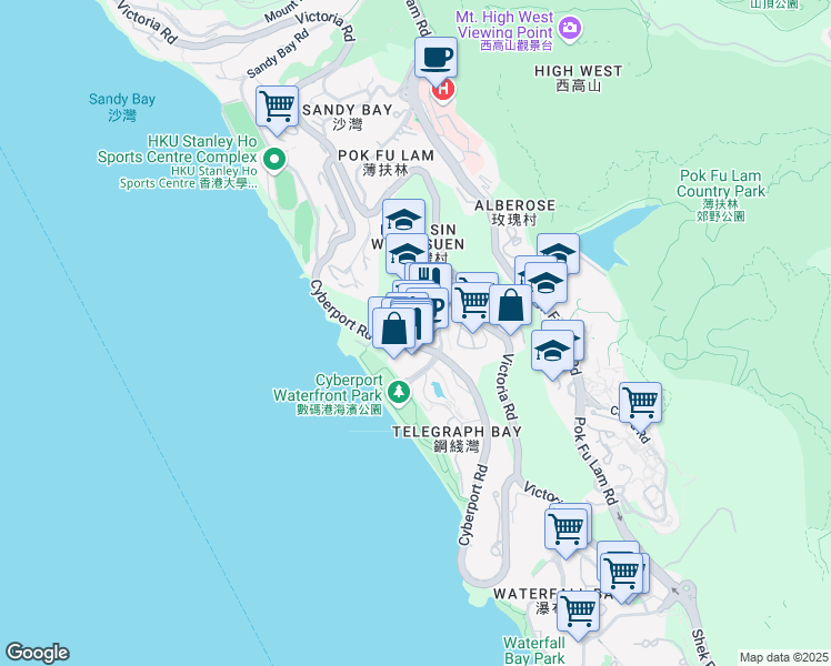 map of restaurants, bars, coffee shops, grocery stores, and more near 100 Cyberport Road in Southern District