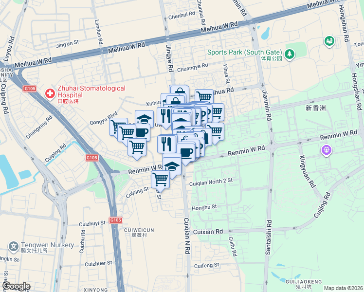 map of restaurants, bars, coffee shops, grocery stores, and more near 3045 Ming Zhu Nan Lu in Zhu Hai Shi