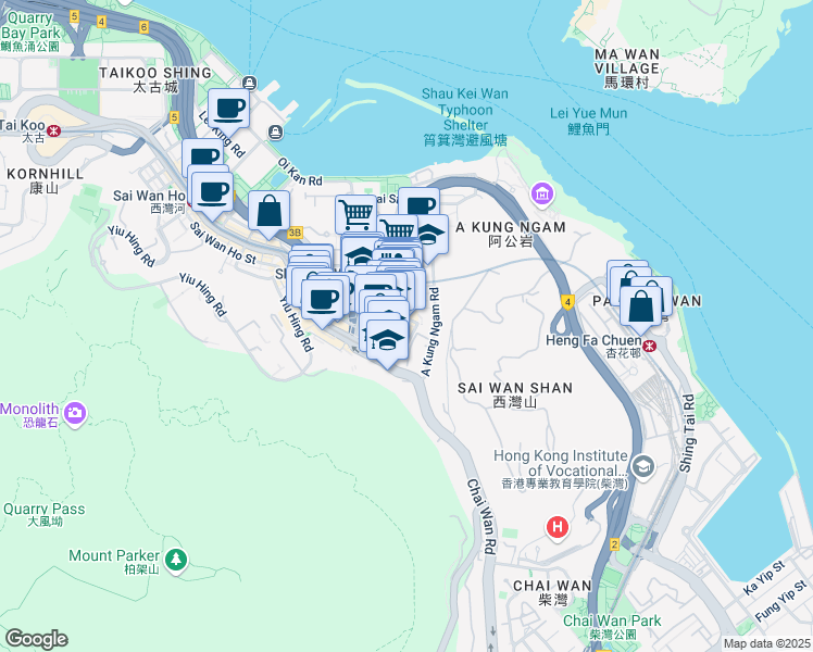 map of restaurants, bars, coffee shops, grocery stores, and more near 167 Shau Kei Wan Main Street East in Hong Kong