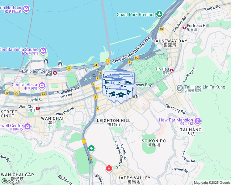 map of restaurants, bars, coffee shops, grocery stores, and more near 500 Hennessy Road in Wan Chai District