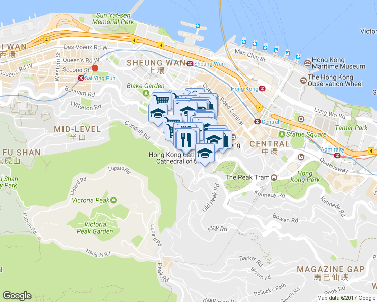 map of restaurants, bars, coffee shops, grocery stores, and more near 14 Mosque Street in Hong Kong