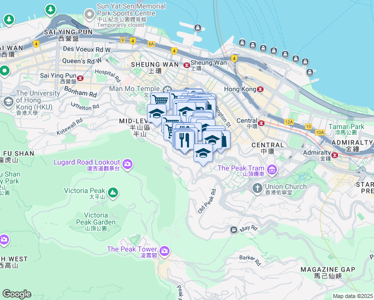 map of restaurants, bars, coffee shops, grocery stores, and more near 14 Mosque Street in Hong Kong