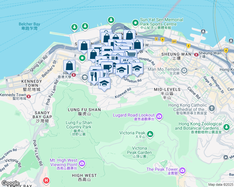 map of restaurants, bars, coffee shops, grocery stores, and more near 42 Kotewall Road in Hong Kong