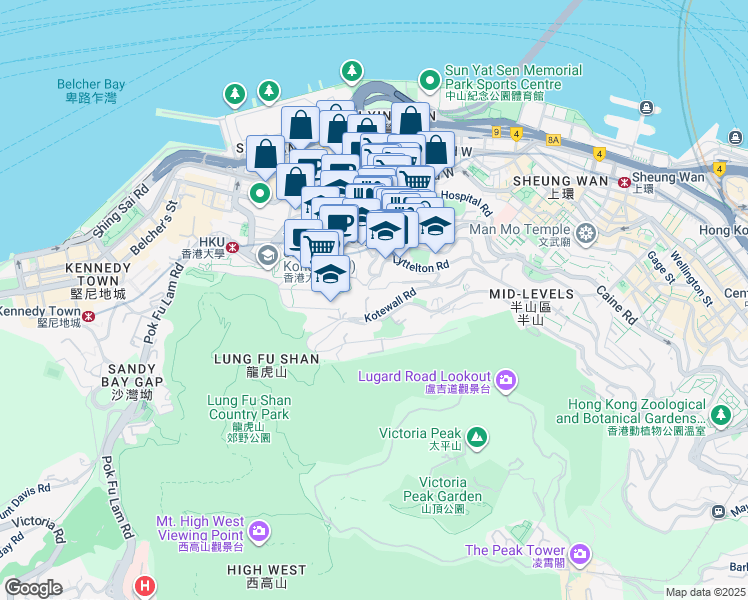 map of restaurants, bars, coffee shops, grocery stores, and more near 42 Kotewall Road in Hong Kong