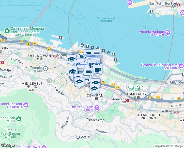 map of restaurants, bars, coffee shops, grocery stores, and more near 8 Connaught Place in Hong Kong