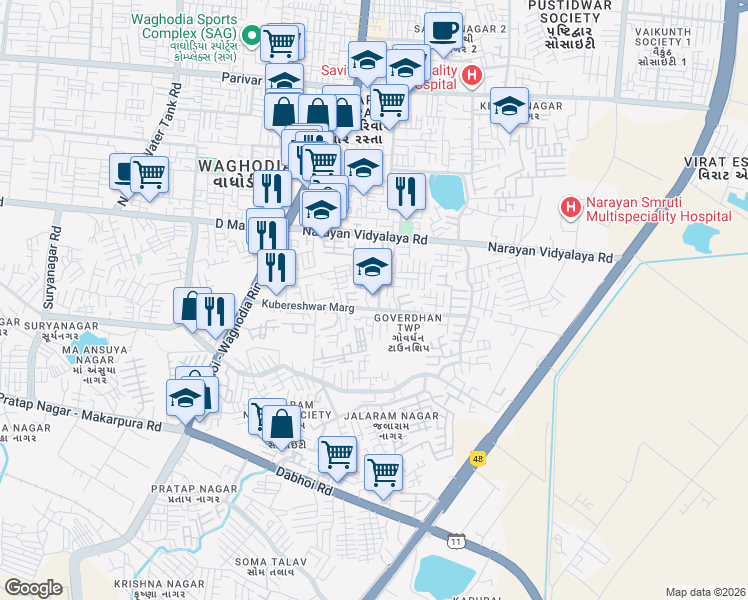 map of restaurants, bars, coffee shops, grocery stores, and more near in Vadodara