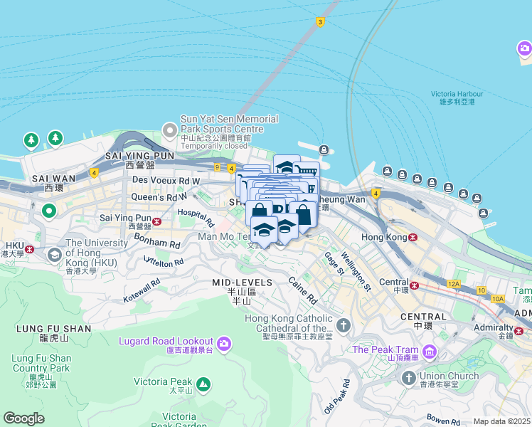 map of restaurants, bars, coffee shops, grocery stores, and more near 359 Queen's Road Central in Hong Kong