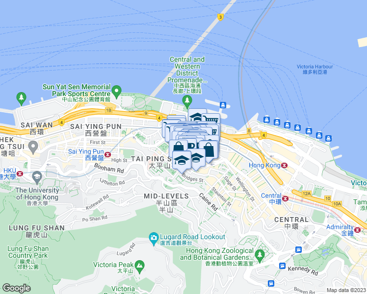 map of restaurants, bars, coffee shops, grocery stores, and more near 359 Queen's Road Central in Hong Kong