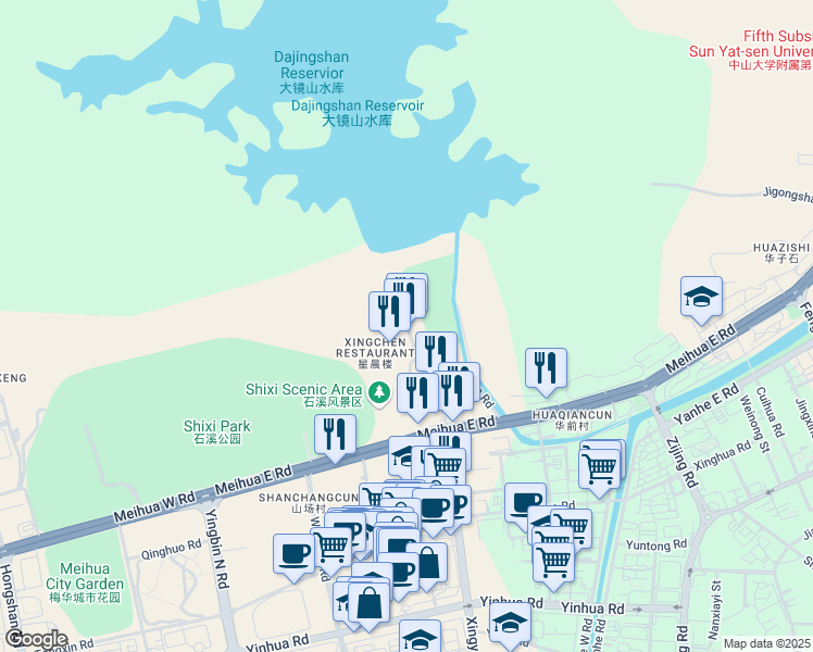 map of restaurants, bars, coffee shops, grocery stores, and more near Jing Shan Lu in Zhu Hai Shi
