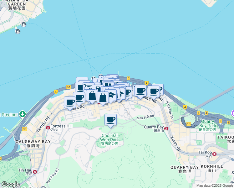 map of restaurants, bars, coffee shops, grocery stores, and more near Tin Chiu Street in Hong Kong