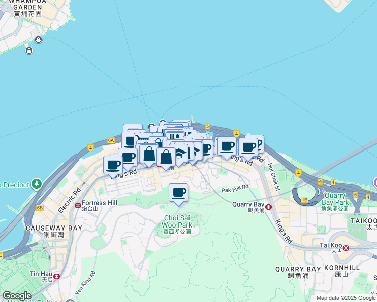 map of restaurants, bars, coffee shops, grocery stores, and more near Tin Chiu Street in Hong Kong