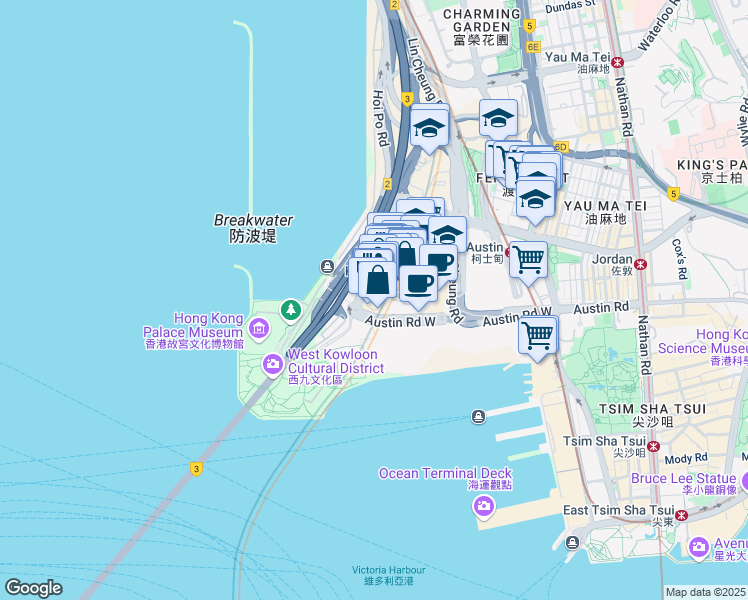 map of restaurants, bars, coffee shops, grocery stores, and more near 1 Austin Road West in Hong Kong