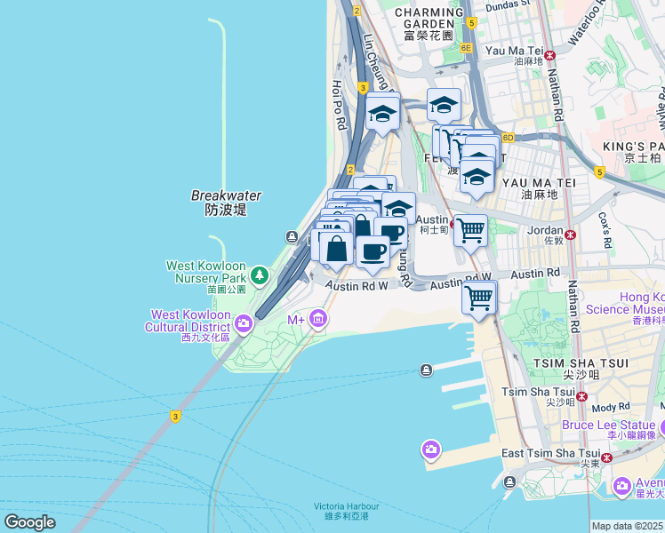 map of restaurants, bars, coffee shops, grocery stores, and more near 1 Austin Road West in Hong Kong