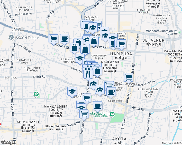 map of restaurants, bars, coffee shops, grocery stores, and more near 203 Old Padra Road in Vadodara