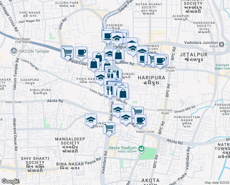 map of restaurants, bars, coffee shops, grocery stores, and more near 203 Old Padra Road in Vadodara