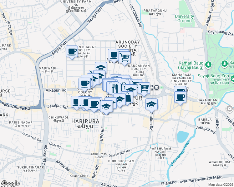 map of restaurants, bars, coffee shops, grocery stores, and more near RC Dutt Road in Vadodara