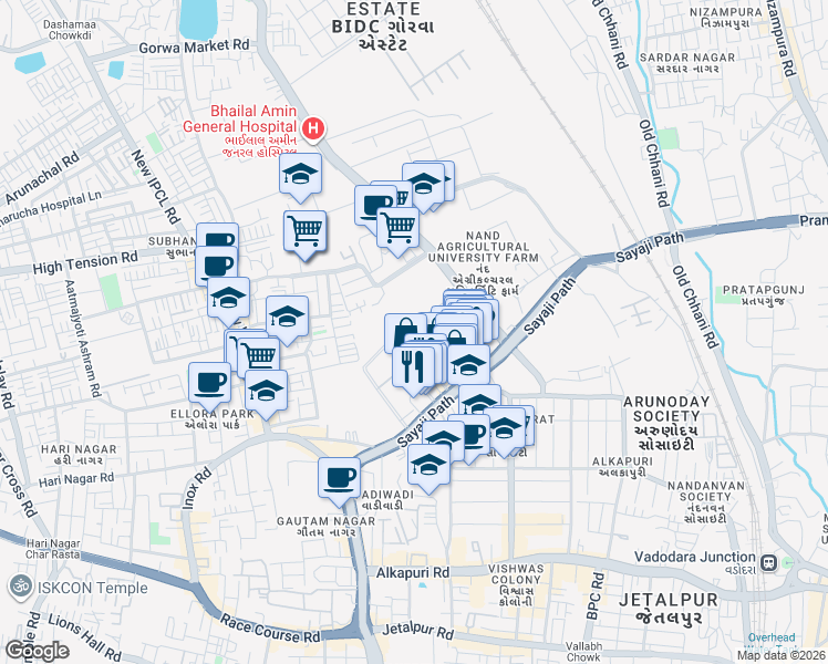 map of restaurants, bars, coffee shops, grocery stores, and more near in Vadodara