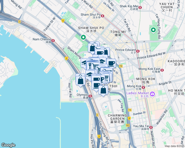map of restaurants, bars, coffee shops, grocery stores, and more near 96 Ivy Street in Tai Kok Tsui