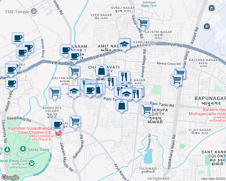 map of restaurants, bars, coffee shops, grocery stores, and more near in Vadodara