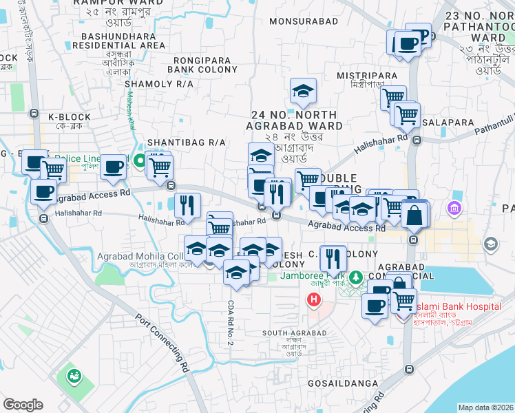 map of restaurants, bars, coffee shops, grocery stores, and more near Muhuri Para Road in Chittagong