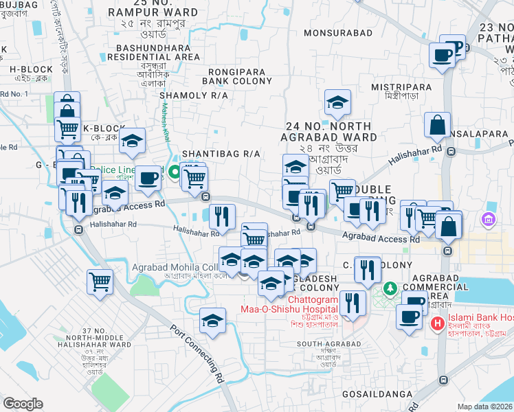 map of restaurants, bars, coffee shops, grocery stores, and more near Agrabad Access Road in Chittagong