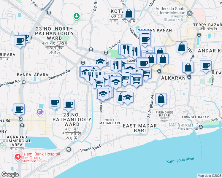 map of restaurants, bars, coffee shops, grocery stores, and more near Kamal Gate Road in Chittagong