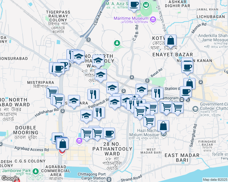 map of restaurants, bars, coffee shops, grocery stores, and more near Dhaka Trunk Road in Chittagong