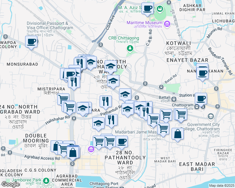 map of restaurants, bars, coffee shops, grocery stores, and more near ananda bazar-4215 in চট্টগ্রাম