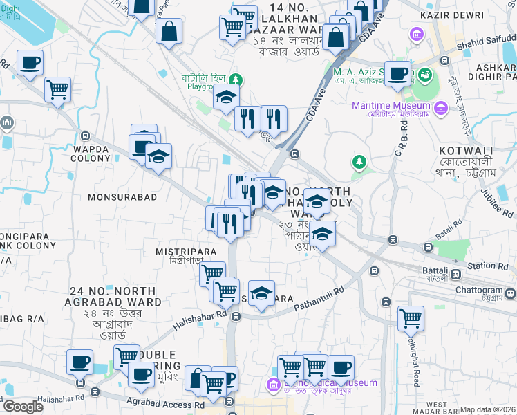 map of restaurants, bars, coffee shops, grocery stores, and more near 107 Dewanhat Overbridge in Chittagong