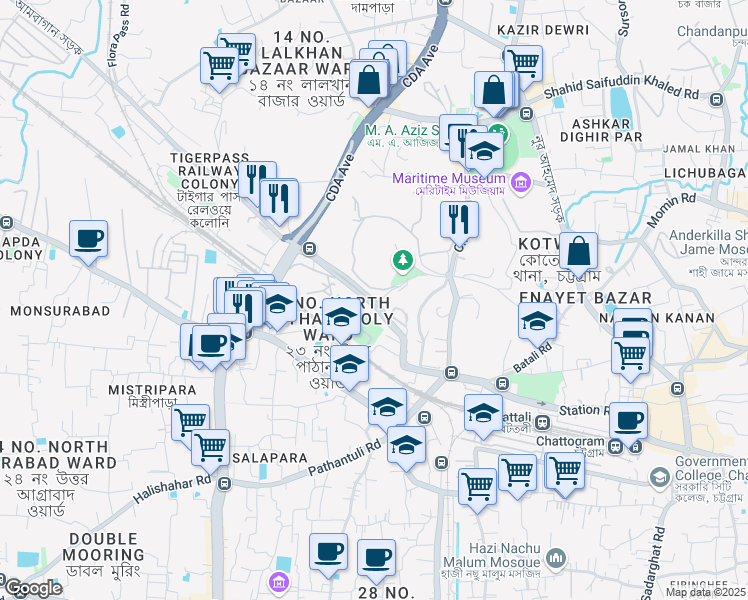 map of restaurants, bars, coffee shops, grocery stores, and more near Tiger Pass E in Chittagong