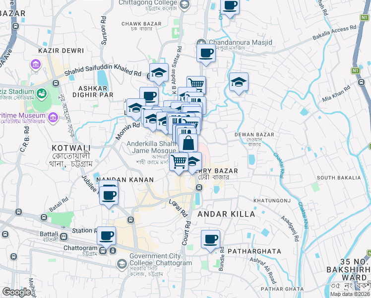 map of restaurants, bars, coffee shops, grocery stores, and more near Momin Road in Chittagong