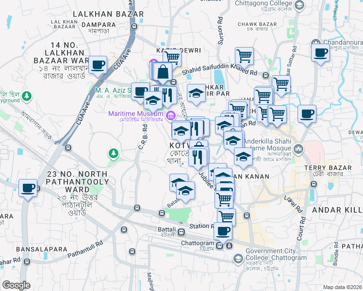 map of restaurants, bars, coffee shops, grocery stores, and more near Nur Ahmed Road in Chittagong