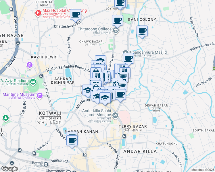 map of restaurants, bars, coffee shops, grocery stores, and more near জে এম সেন লেইন in Chittagong