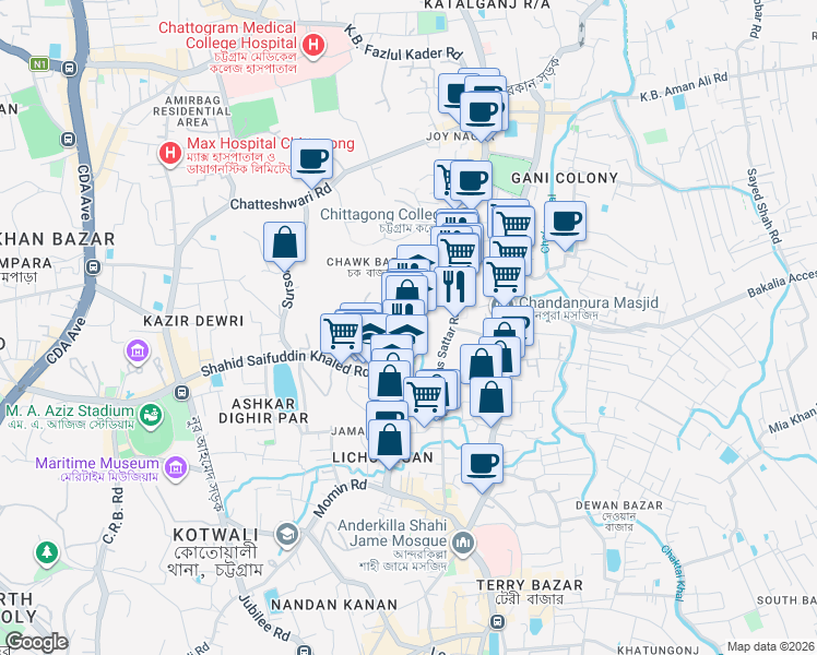 map of restaurants, bars, coffee shops, grocery stores, and more near Shahid Saifuddin Khaled Road in Chittagong