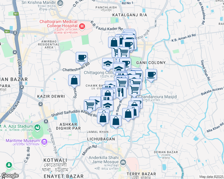 map of restaurants, bars, coffee shops, grocery stores, and more near Haji Mohammad Mohsin College Road in Chittagong