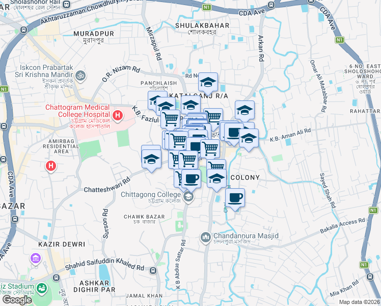 map of restaurants, bars, coffee shops, grocery stores, and more near College Road in Chittagong