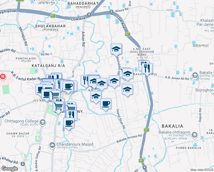 map of restaurants, bars, coffee shops, grocery stores, and more near K.B. Aman Ali Road in Chittagong