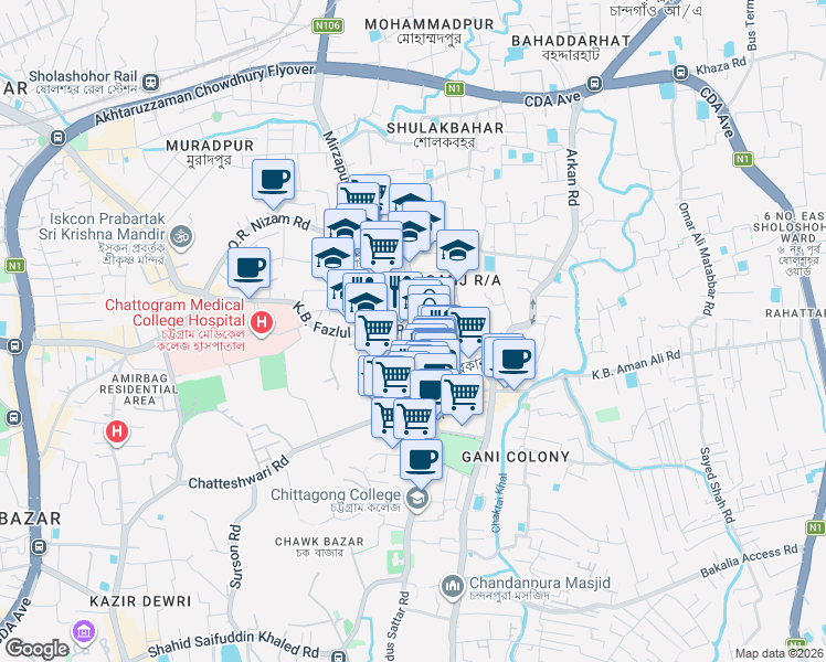 map of restaurants, bars, coffee shops, grocery stores, and more near Joy Nagar No.1 Lane in Chittagong