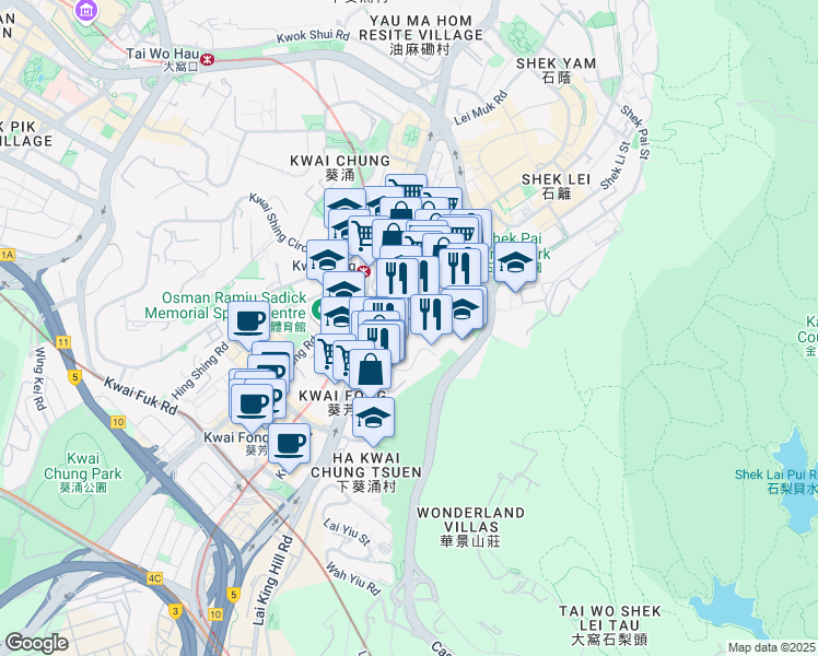 map of restaurants, bars, coffee shops, grocery stores, and more near Tai Lin Pai Road in Hong Kong