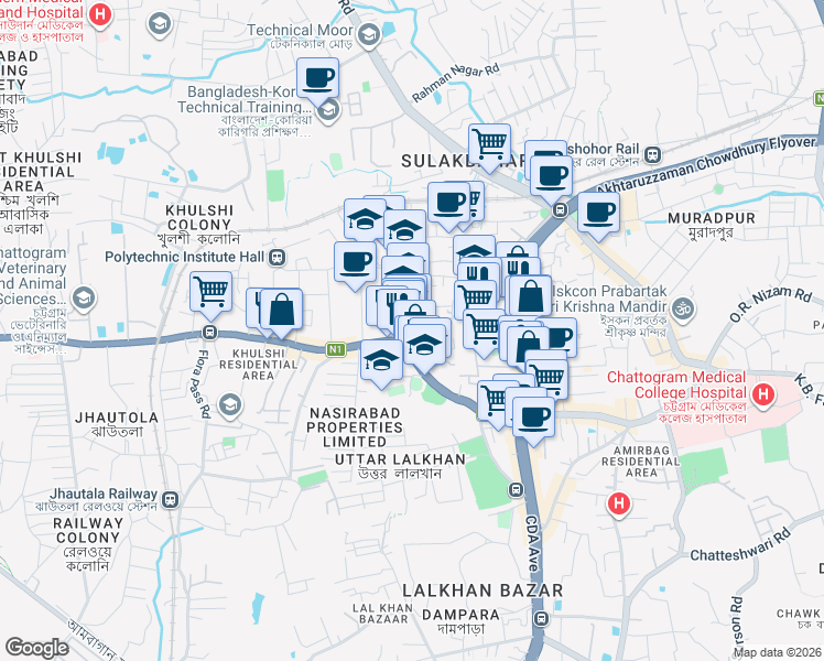 map of restaurants, bars, coffee shops, grocery stores, and more near Nasirabad Girls High School Road in Chittagong