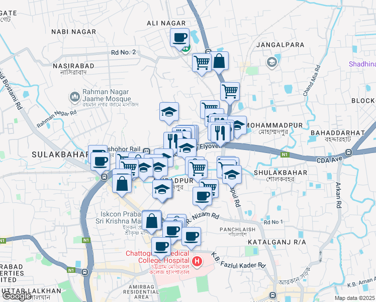 map of restaurants, bars, coffee shops, grocery stores, and more near Shahid Jane Alam Sharak in Chittagong