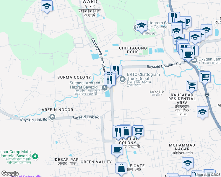 map of restaurants, bars, coffee shops, grocery stores, and more near Bayazid Bostami Road in Chittagong