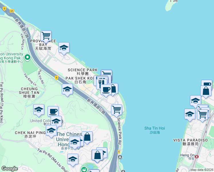 map of restaurants, bars, coffee shops, grocery stores, and more near 12 Science Park East Avenue in Hong Kong