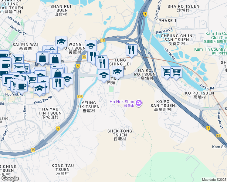 map of restaurants, bars, coffee shops, grocery stores, and more near Yau Shin Street in Hong Kong