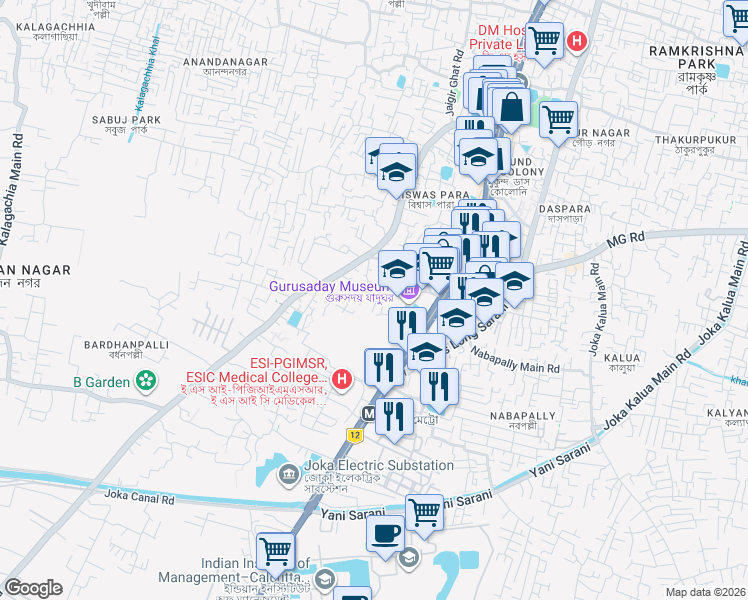 map of restaurants, bars, coffee shops, grocery stores, and more near 99A Thakurpukur Road in Kolkata